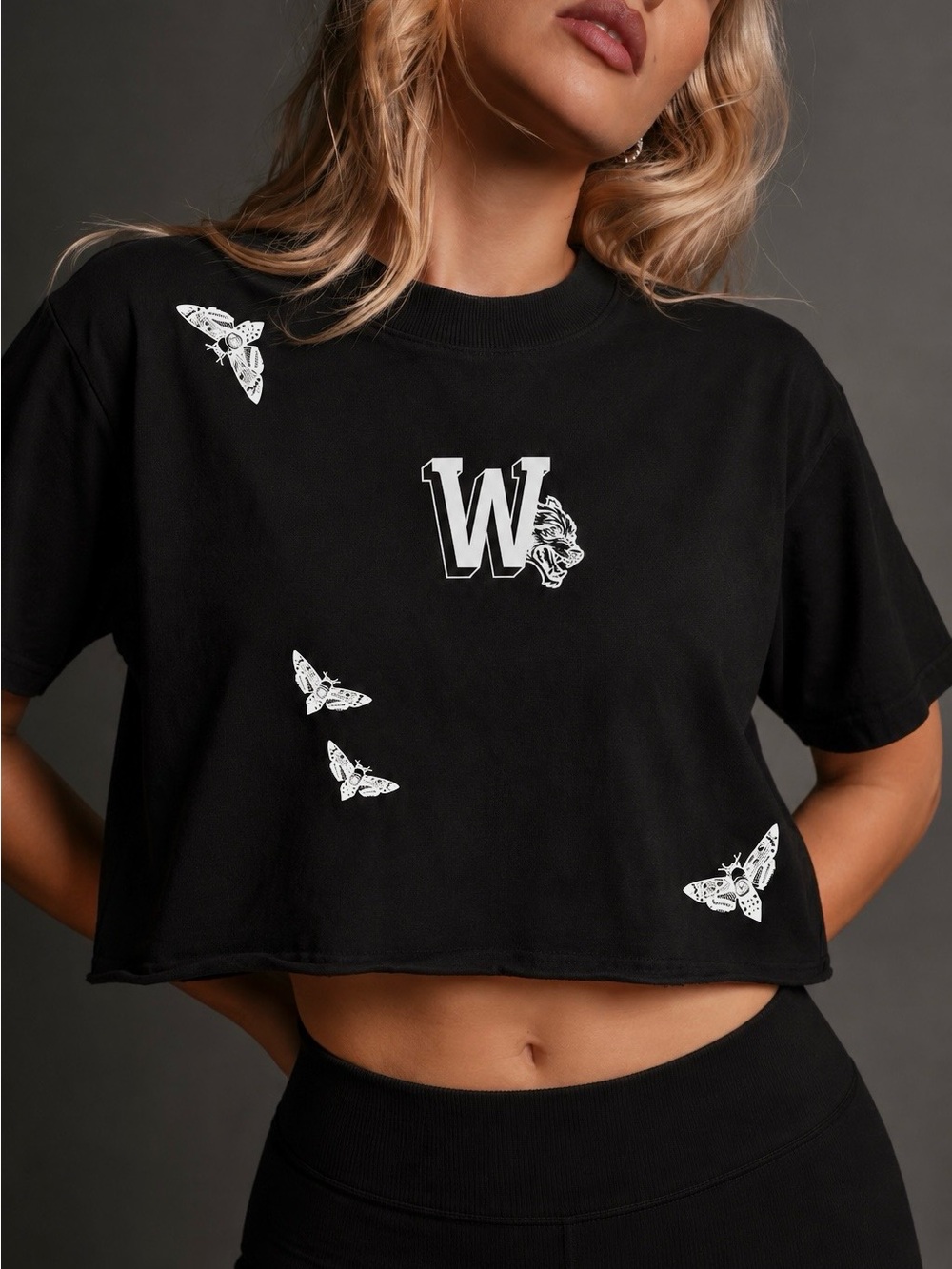 Darc Sport Black Cropped Tee with White W & Moth Graphics